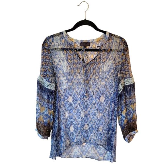 Hale Bob Tops - Hale Bob Women's Navy Blue Sheer Geometric 100% Silk Blouse Size S